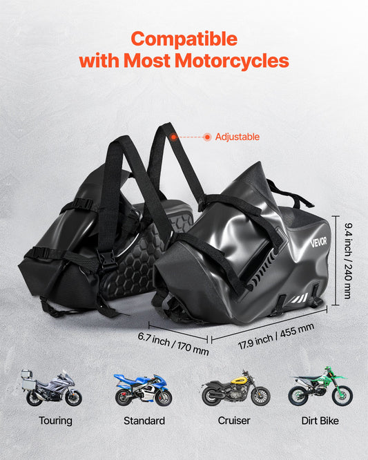 Motorcycle Saddlebags, 28 L (14 L X 2) Large Capacity Side Saddle Bags Compatible with Most Motorcycles, Waterproof Outdoor Sports Motorbike Luggage Storage Shoulder Bag with Bottom Strap, Black
