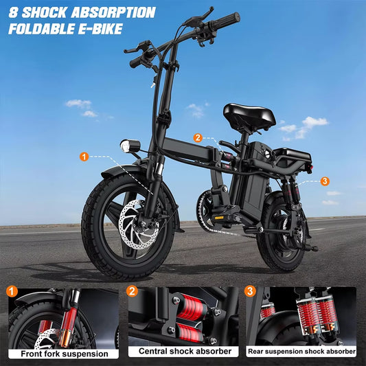 14 Inch Folding Electric Bike 750W Peak Motor 48V 12Ah 24 MPH Foldable Ebike Adults Dual Disc Brakes Wholesale