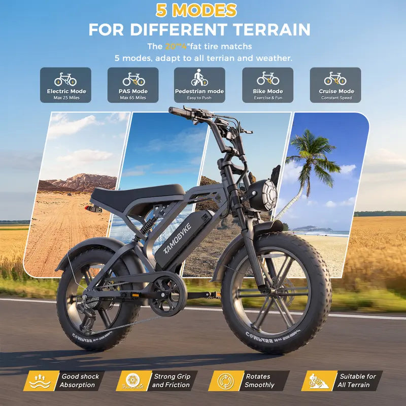 【Summervibes】1500W Peak Modern Moped-Style Retro Sport Ebike for Adults, 20'' Fat Tire Off-Road Ebike, 30Mph Speed, 34-70Miles PAS Range, 48V15.6Ah Lithium Battery, Waterproof BMS, UL Safety Certified